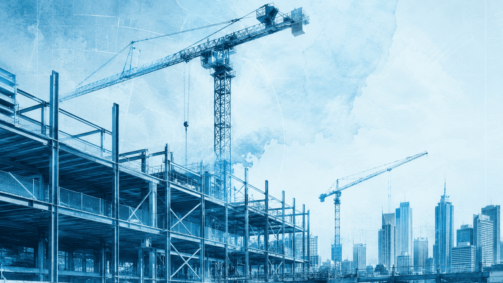 Construction site with cranes and steel framework against a blue sky